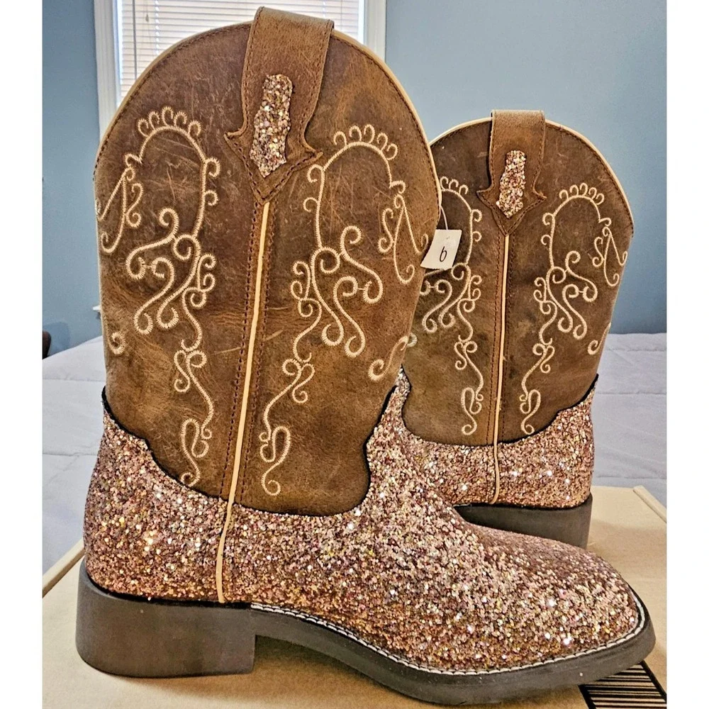 Shyanne® (Girls 6 D) Sparkle Plenty™ Western Boots - Broad Square Toe‎ in Pink